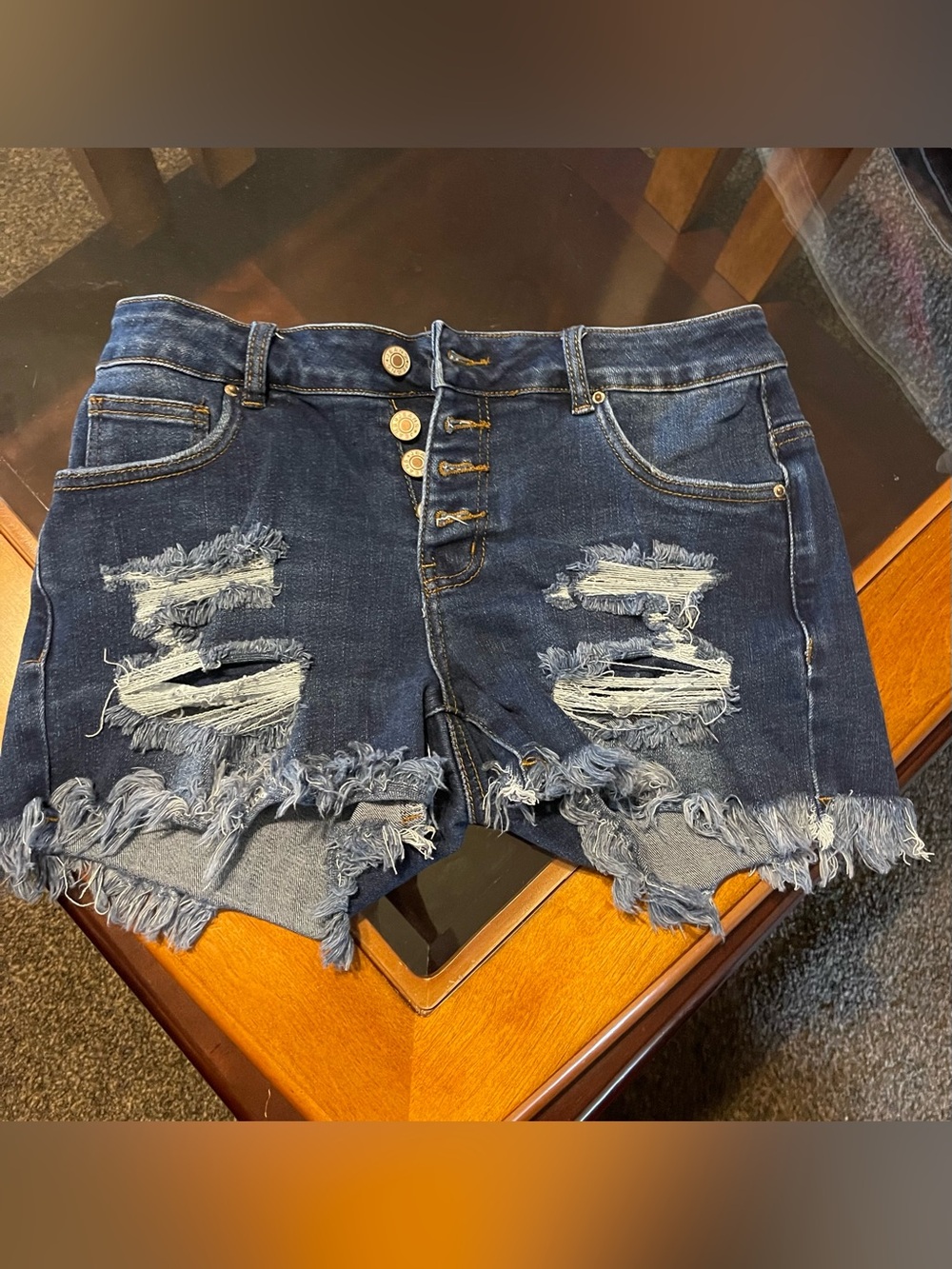 High-Rise Distressed Dark Blue Denim Shorts